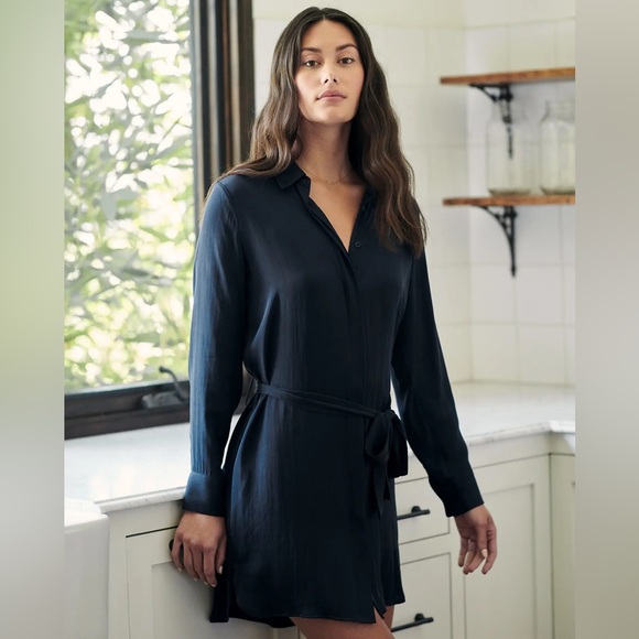 Quince Dresses & Skirts - QUINCE Navy Washable Stretch Silk Shirt Dress NWT Size Small